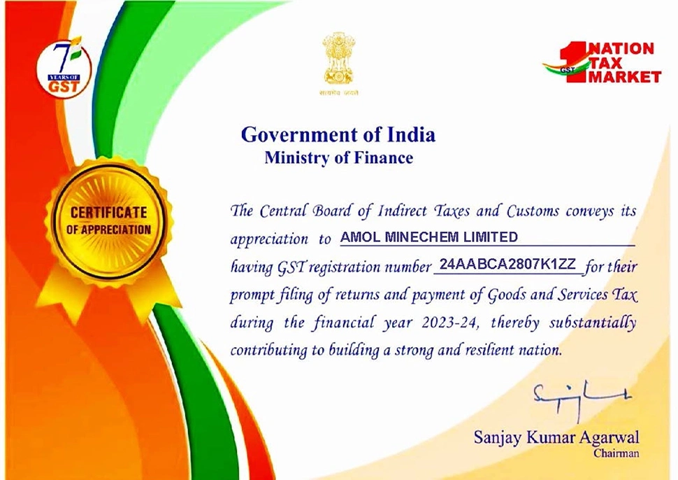 GST Certificate of Appreciation awarded to Amol Minechem Limited for FY 2024–25